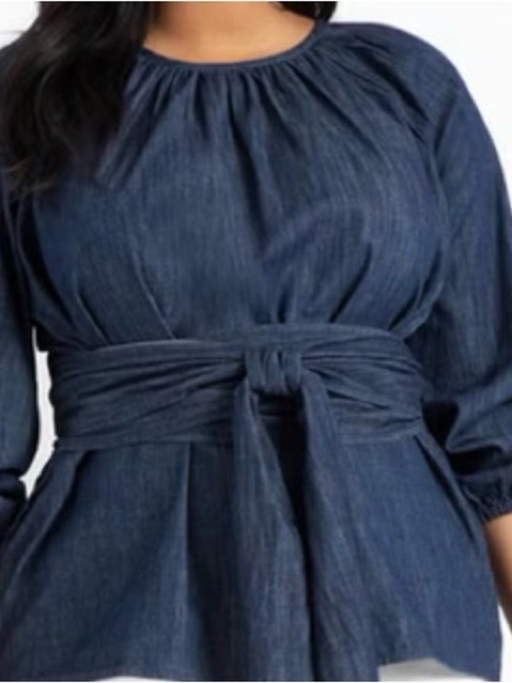 Eloquii Women's Indigo Blue Long-Sleeve Peasant Shirt w/Wrap Around Sash